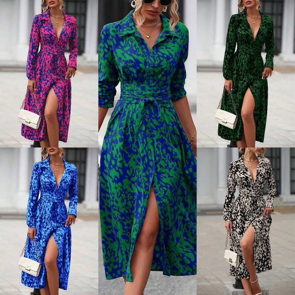 Women's Polo Collar Long Sleeve Midi Dress Slim Fit Mid Rise Elegant Printed Shirt Dress