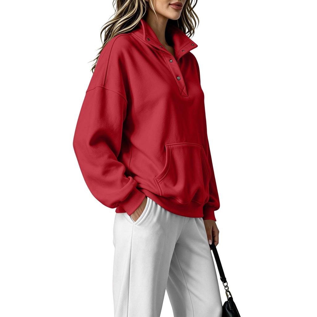 Women's Color Stand Collar Button Up Sweatshirt Fashion Casual Long Sleeve Top