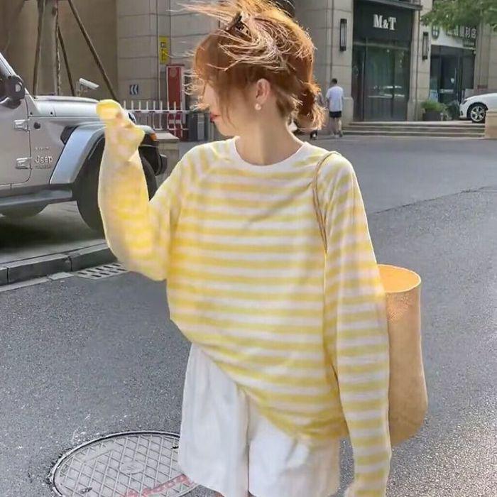 Women's Long Sleeve Color Block Striped Cardigan: Casual, Loose, Thin Sun Protection Summer 2025 Top