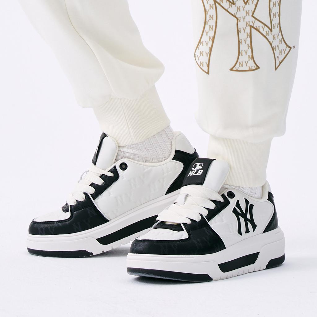 MLB New York Yankees Slip Resistant, Abrasion Resistant, Height Increasing Low Top Skateboard Shoes Unisex Black White 3ASXM075N-50BKS