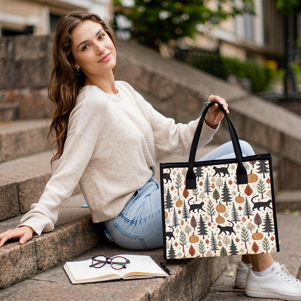 Autumn Cat Pumpkin Print Tote Bag Casual Large Capacity Shoulder Handbag for Daily Use