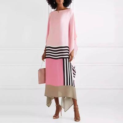 Women Dress Irregular Striped Printed Boat Color Matching Neck Long Sleeve Flowy Hem Loose Straight Prom
