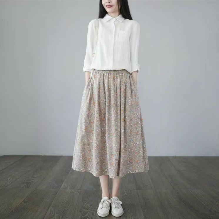 Floral Pocketed A-Line Midi Skirt for Women - Summer Style, Slimming High-Waisted, Wide Hem