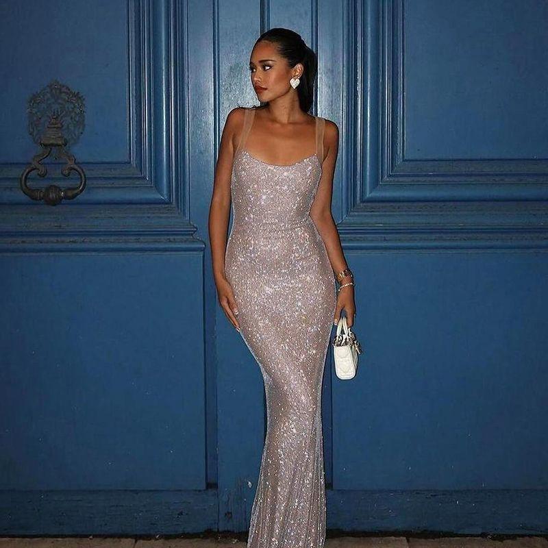 

Girlsat18 European and American Advanced Shiny Banquet Evening dress Women Autumn and Winter Sling Dress Sexy Backless Long dress Apricot M