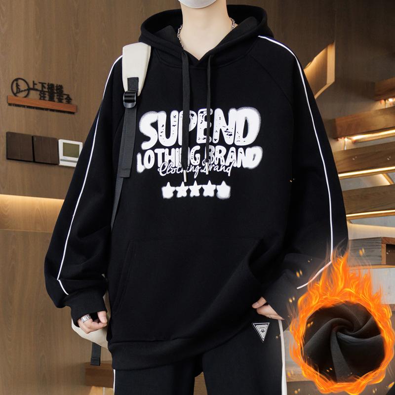 

Teenager Plus Velvet Sweatshirt Boy Heavy Hooded Thick Top Big Children Versatile Loose Casual Jacket M чорний