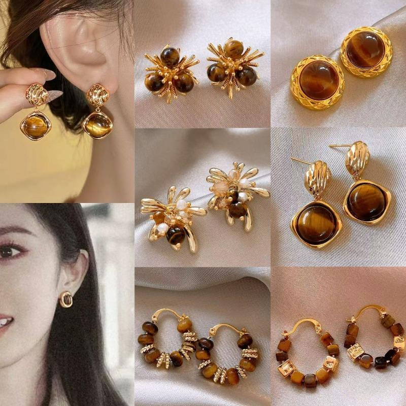 Silver needle tiger's eye stone geometric round pendant earrings retro Maillard style stud earrings personalized niche design earrings