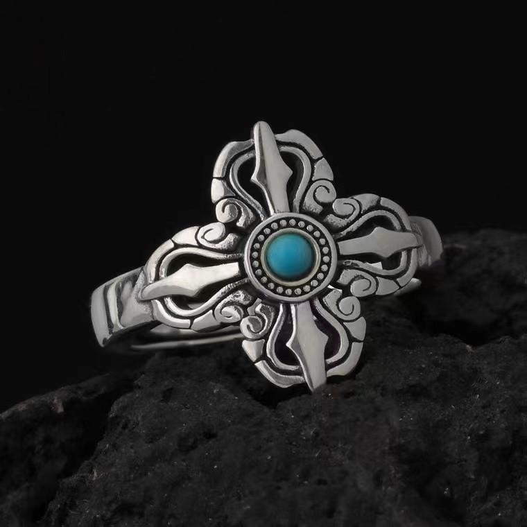 Vintage Chiba Cross Vajra Thai Silver Ring with Natural Turquoise Inlay for Men