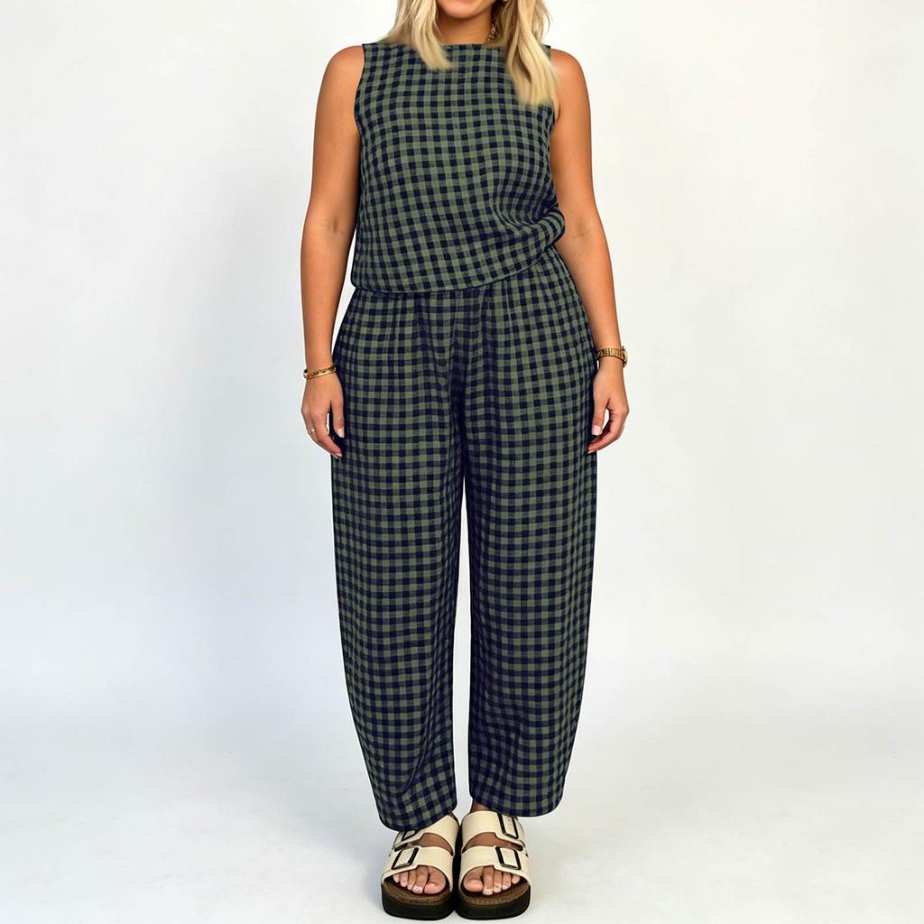 Lockeres ärmelloses Oberteil und weite Hose im Karomuster, lässiges zweiteiliges Outfit für Damen, bequeme Alltagskleidung