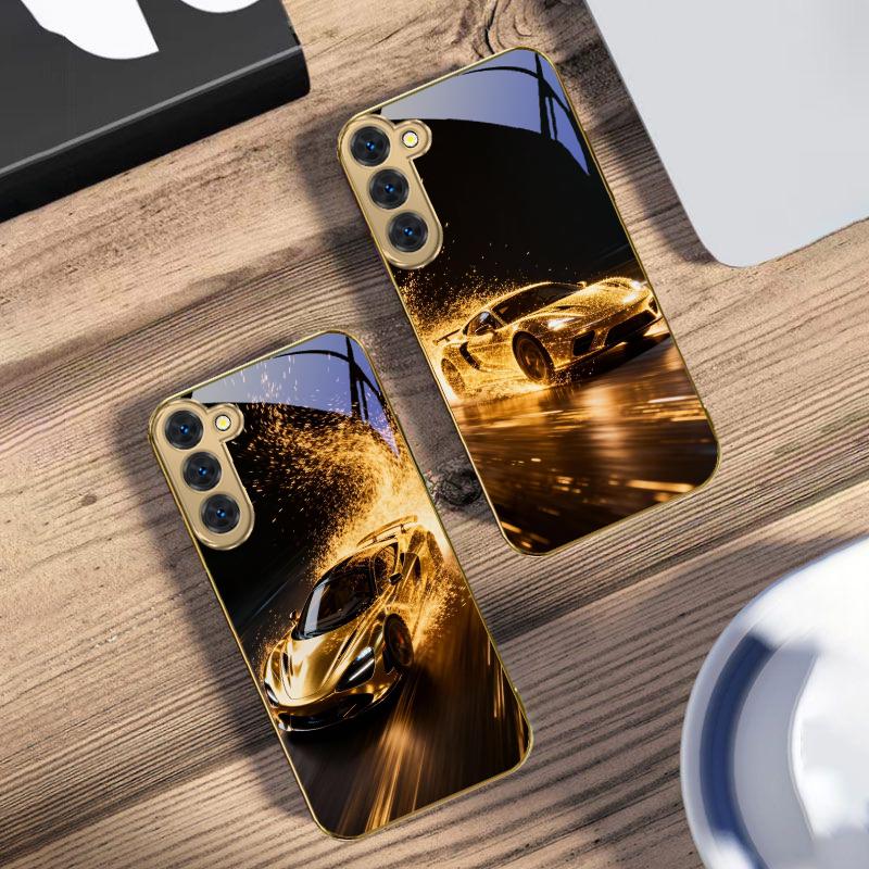 Flying Golden Supercar For Samsung Galaxy S20 FE S21 S22 S23 Plus S24 Ultra 25Ultra S21+ S9+ S22Plus Golden Glass Phone Case