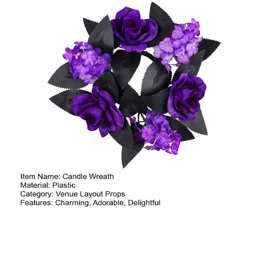 Halloween Candle Rings Wreath Artificial Purple Rose Black Leaves Candle Holder Wreath for Halloween Table Centerpieces