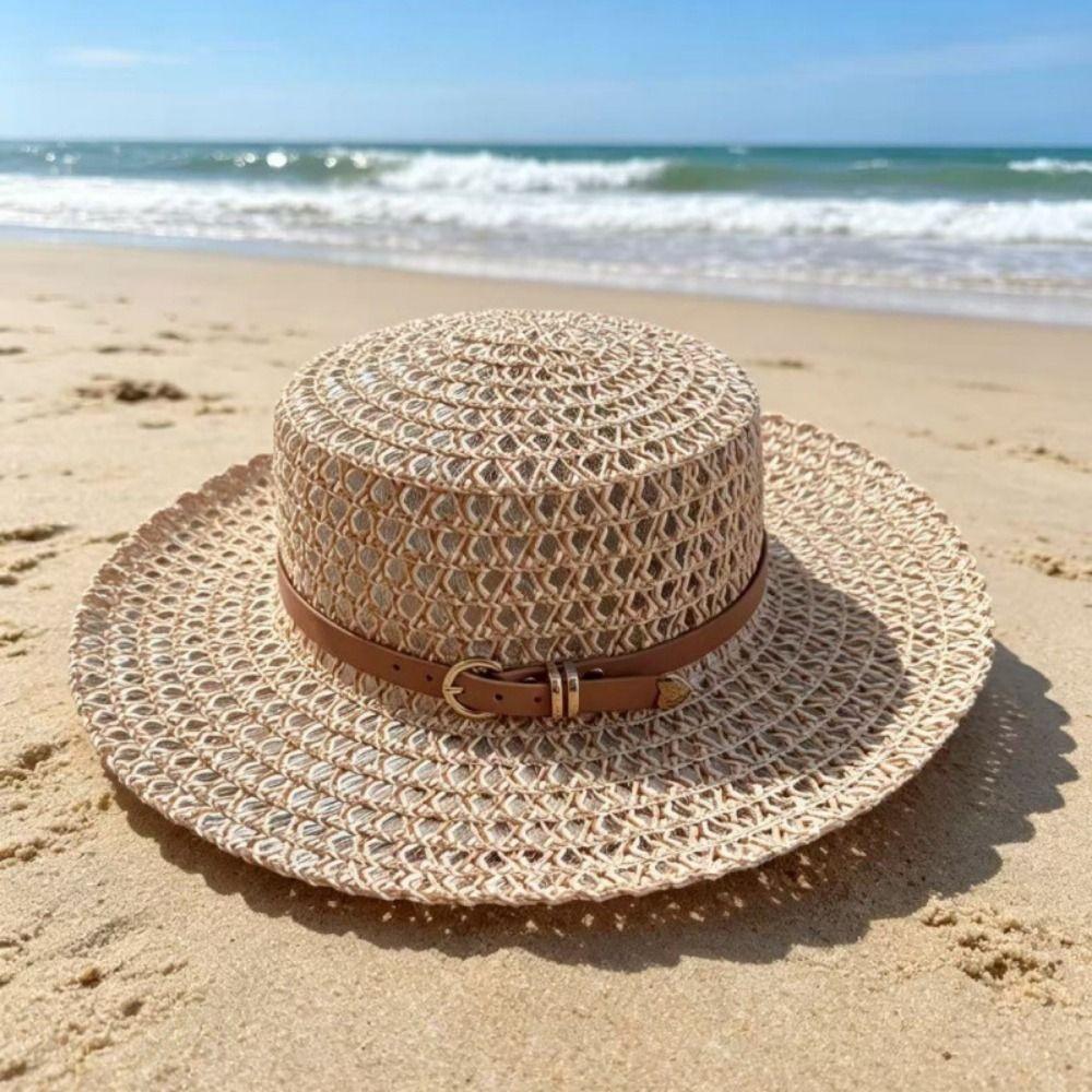 Woven Straw Hat Hollow Out Flat Brim Hat French Retro Style Flat Top Hat  Coastal Trip