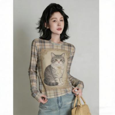 Spring Europe America Fashion Fun Cat Print Women's T-shirt Casual Pullover Women Long Sleeve Clothing Outdoor Street Tees Top