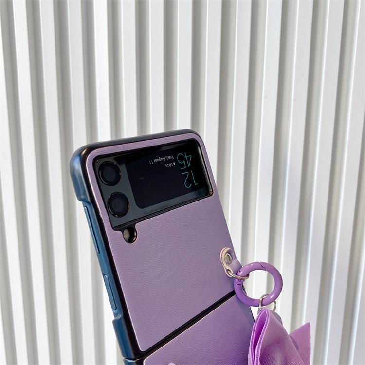 Applicable To Samsung ZFlip5 Mobile Phone Case Folding Screen Solid Color Leather Case Zflip4 Butterfly Portable Chain Back Cover Protective Case