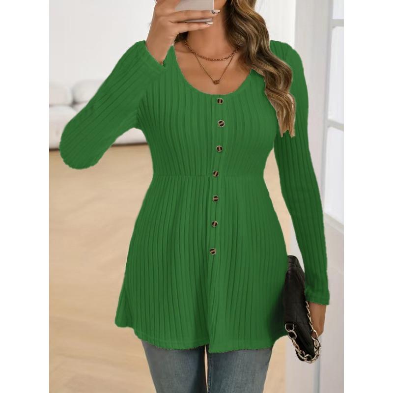Women S Plus Size Solid Long Sleeve Round Neck Top With Button Decoration