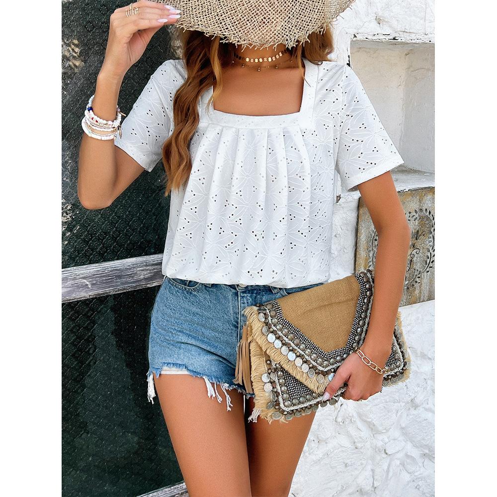 Camiseta informal de manga corta con cuello cuadrado y estampado de color liso para mujer