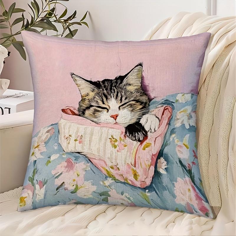 Exquisite Ornaments Unisex Floral Watercolor Sleeping Tabby Cat Throw Pillow Cover - Decorative Cat Lovers Pillow Case For Home Decor