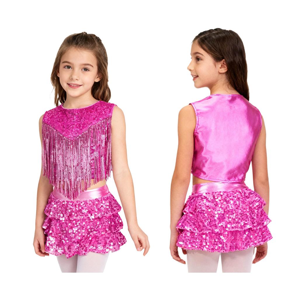 Girls 70s Disco Outfit Metallic Gloss Top Sequins Design Tassels Detail Ruffle Skirt Shorts Two Piece Set