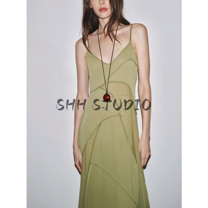 New Fall Women's Clothing French Style V-neck Fashion Draping Effect Splicing Sling Long Dress 1223453