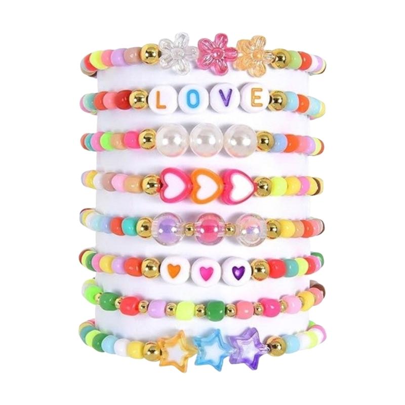 Pack of 8 Trendy Adjustable Bracelets Bohemian Beaded Jewelry with Love Charm Rainbow Colors Gift for Women and Girls
