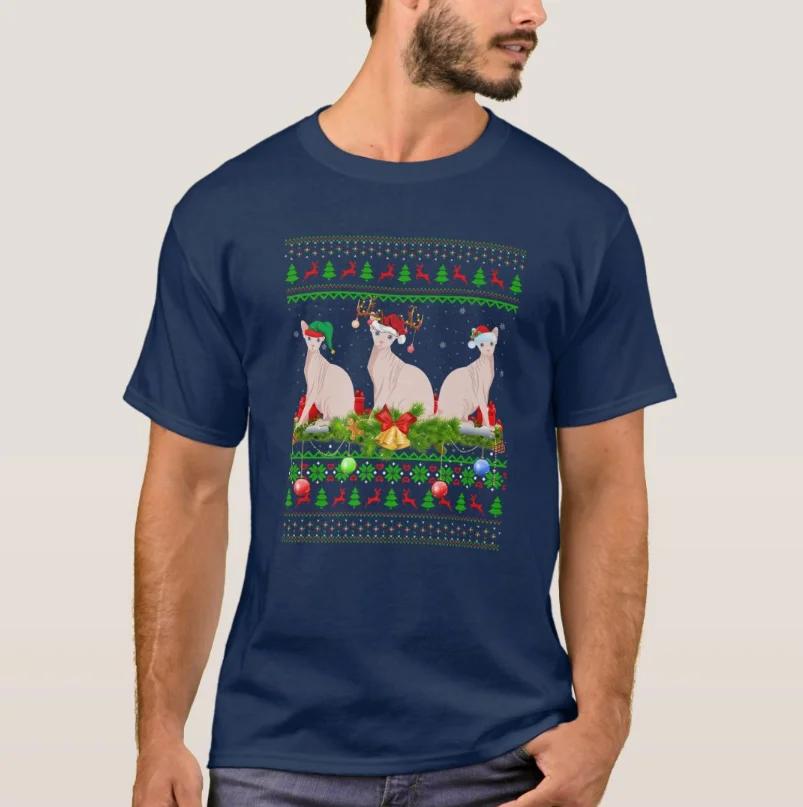 Sphynx Cat Xmas Lighting Santa Ugly Christmas Cat Lovers T-Shirt 100% Cotton O-Neck Short Sleeve Casual Mens T-shirt Size S-3XL