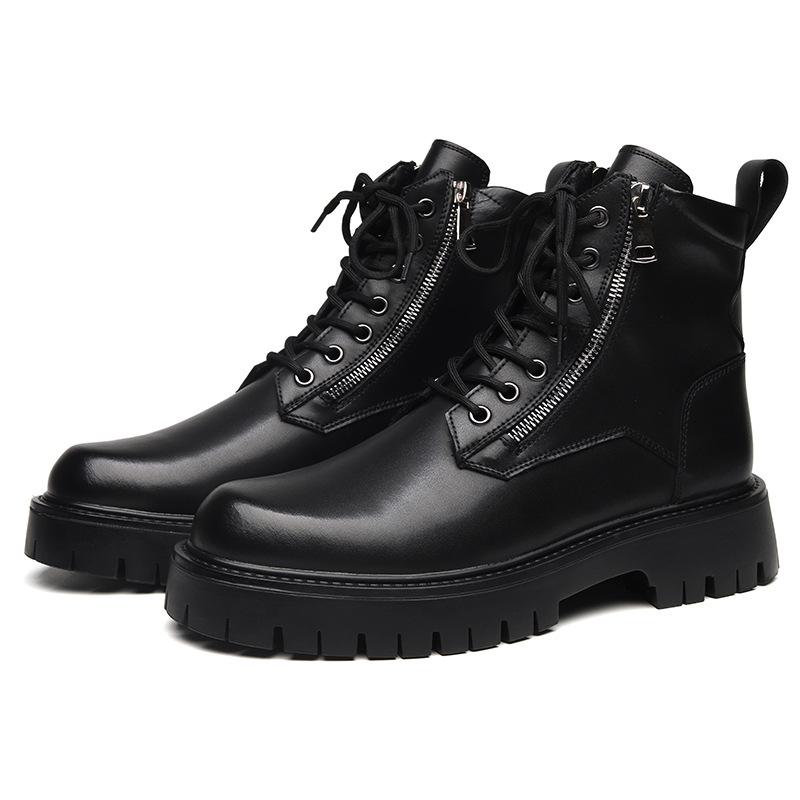 Ins Martin Boots Side Zipper High-top Leather Boots British Style Autumn and Winter Versatile Medium-top Thick-soled Heightening Boots 1133-W