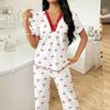 Fashion Women's Two-piece Loungewear Set, Printed Short-sleeve Top & Full-length Pants, Comfortable Sleepwear for Everyday & Relaxation