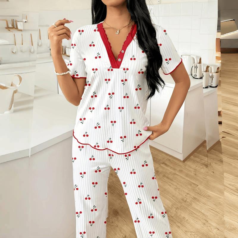 Fashion Women's Two-piece Loungewear Set, Printed Short-sleeve Top & Full-length Pants, Comfortable Sleepwear for Everyday & Relaxation