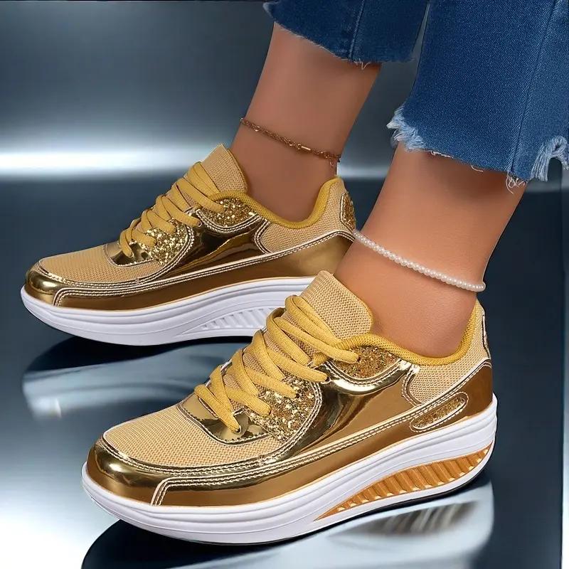 

Women s Metallic Platform Sneakers Glitter Accent Lace-Up Shoes Comfortable Thick Sole Fashion Footwear 36 золотой