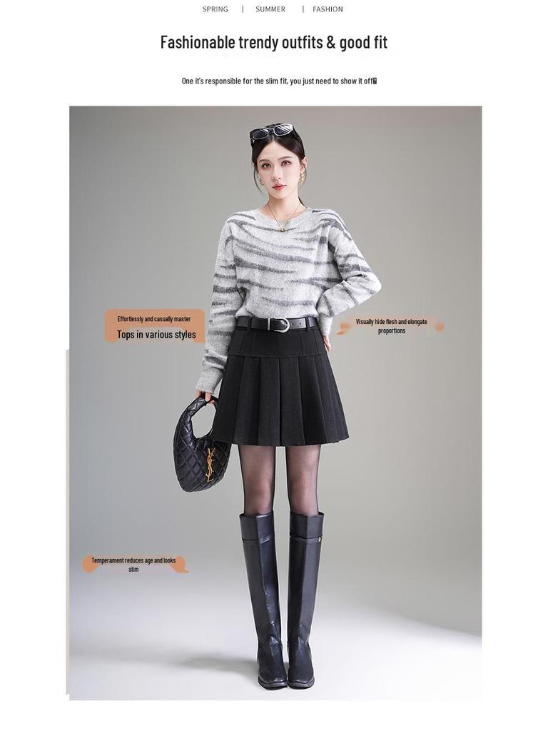 Women's 2025 Autumn/Winter High-Waisted Pleated Wool A-line Mini Skirt