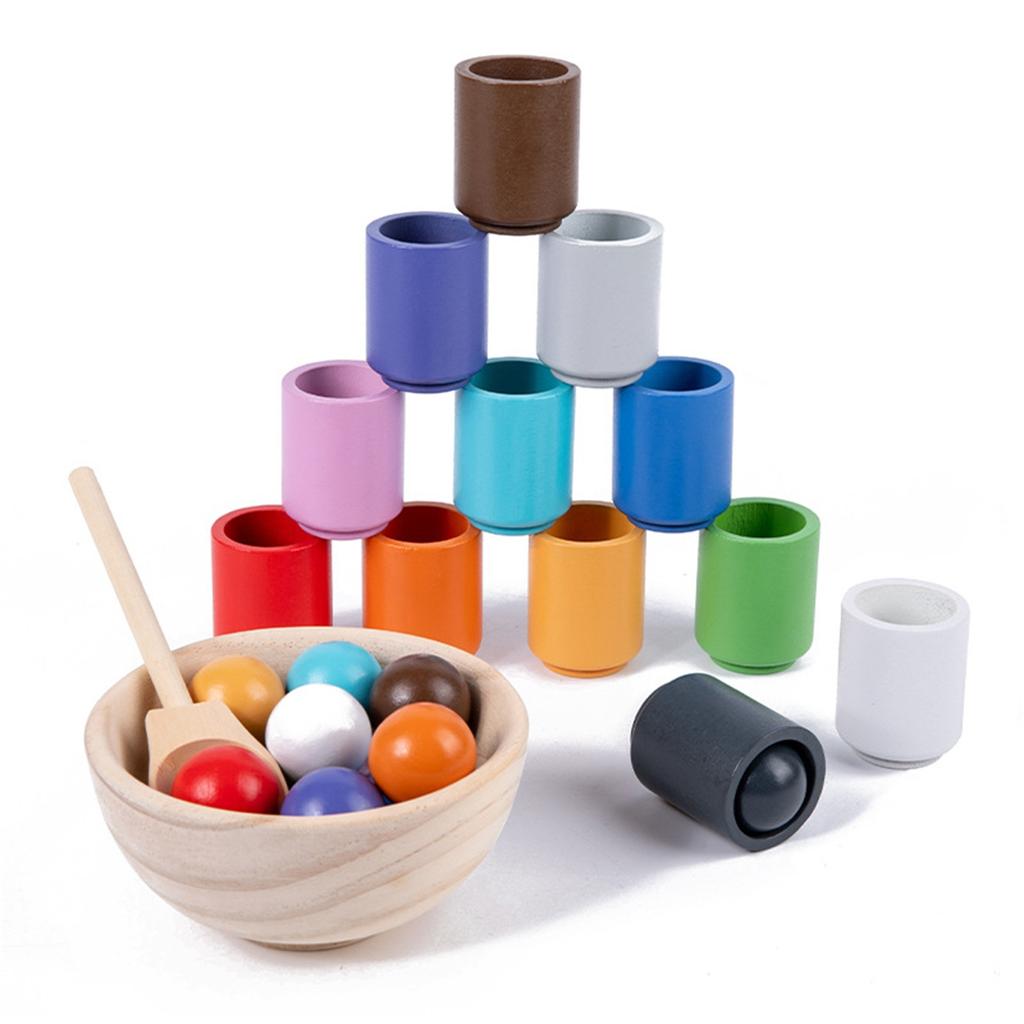 Balls In Cups Toy Wooden Sorter Game 12 Balls 30 Mm Age 1+ Color Sorting And Counting Preschool Learning Education