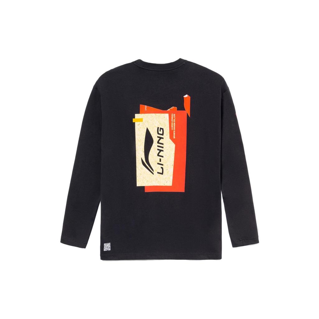 Li Ning Sports Basketball Series Logo Print Loose Long Sleeve T-Shirt Men Tops Black AHSR917-2