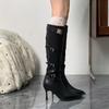 Stiletto Heel High Boots Autumn and Winter New Pointed Toe Side Zipper Metal Buckle Waterproof and Non-Slip Women's Shoes