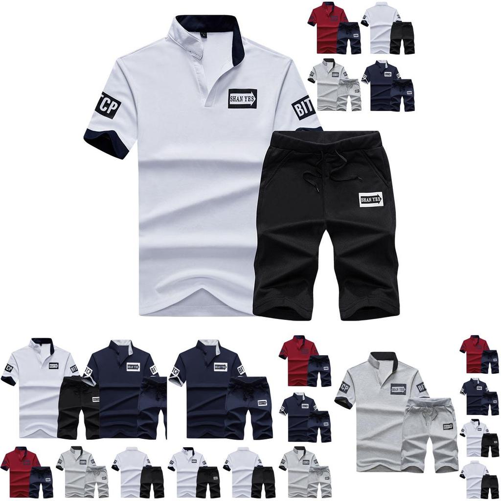 Completo T-shirt a collo alto con girocollo e pantaloncini da uomo, set comodo e traspirante per stile casual