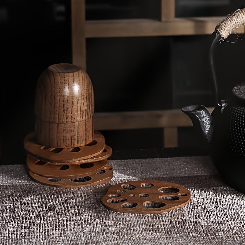 5/10pcs Elegant Lotus Root Design Coasters Heat-Resistant Natural Brown Wooden Surface for Hot Drinks Kitchen Dining Table Decor