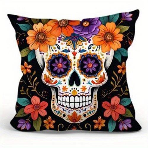 

Halloween Sugar Skull-Printed Decorative Pillowcases: Colorful and Festive Sofa cushion cover holiday party decoration gift 24x24Inch