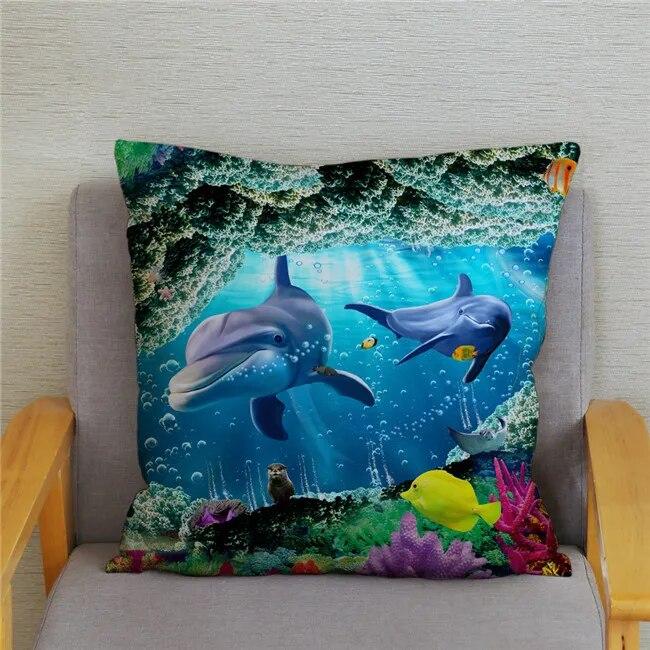 Cushion Cover Ocean Dolphin Pattern Underwater World Print Pillow  Kids Sofa Home Decor