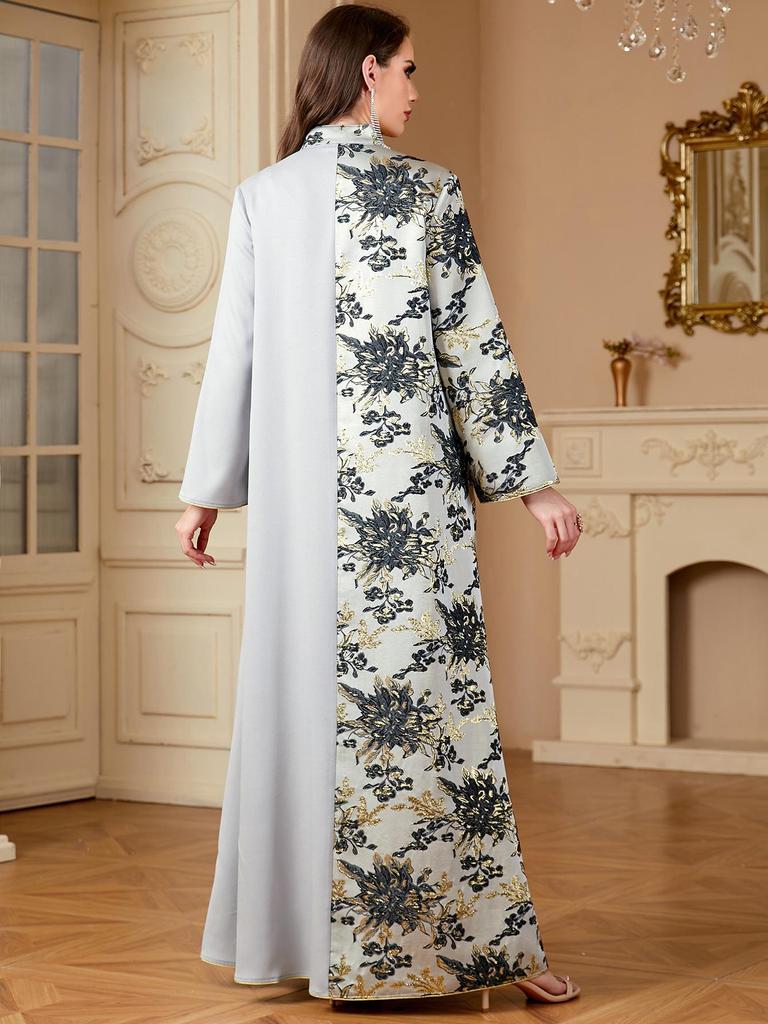Middle East Muslim Women's Color Block V-Neck Jacquard Dress
