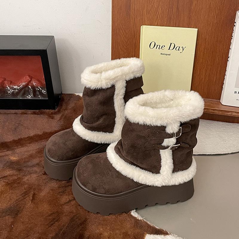 

Trendy retro thick-soled plush thickened snow boots women s new winter plush warm fluffy cotton shoes 40 коричневий