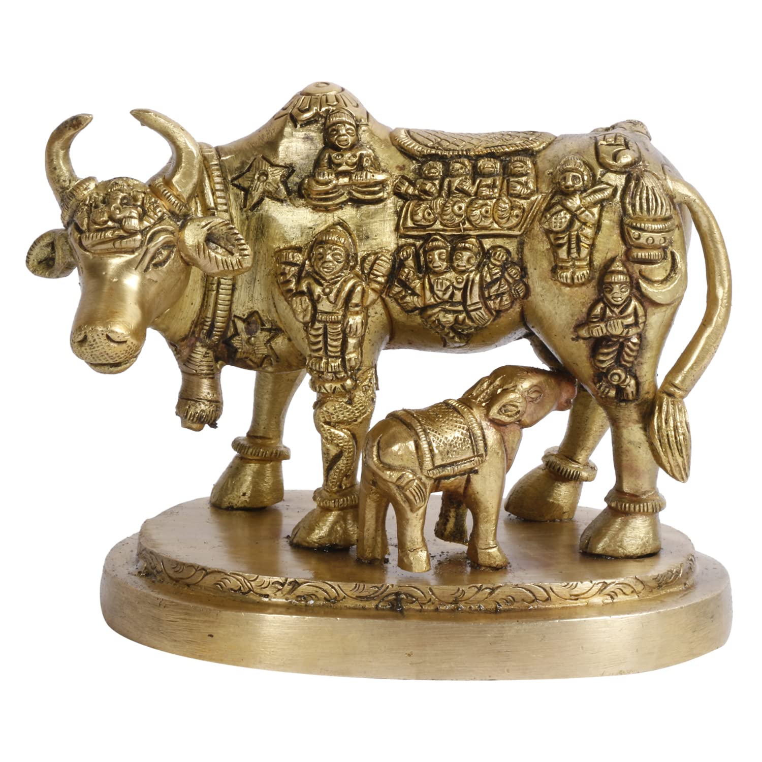 Cow & Calf Statue, Kamdhenu Vastu Devta Carving On Gau Mata Idol, Brass Figurine