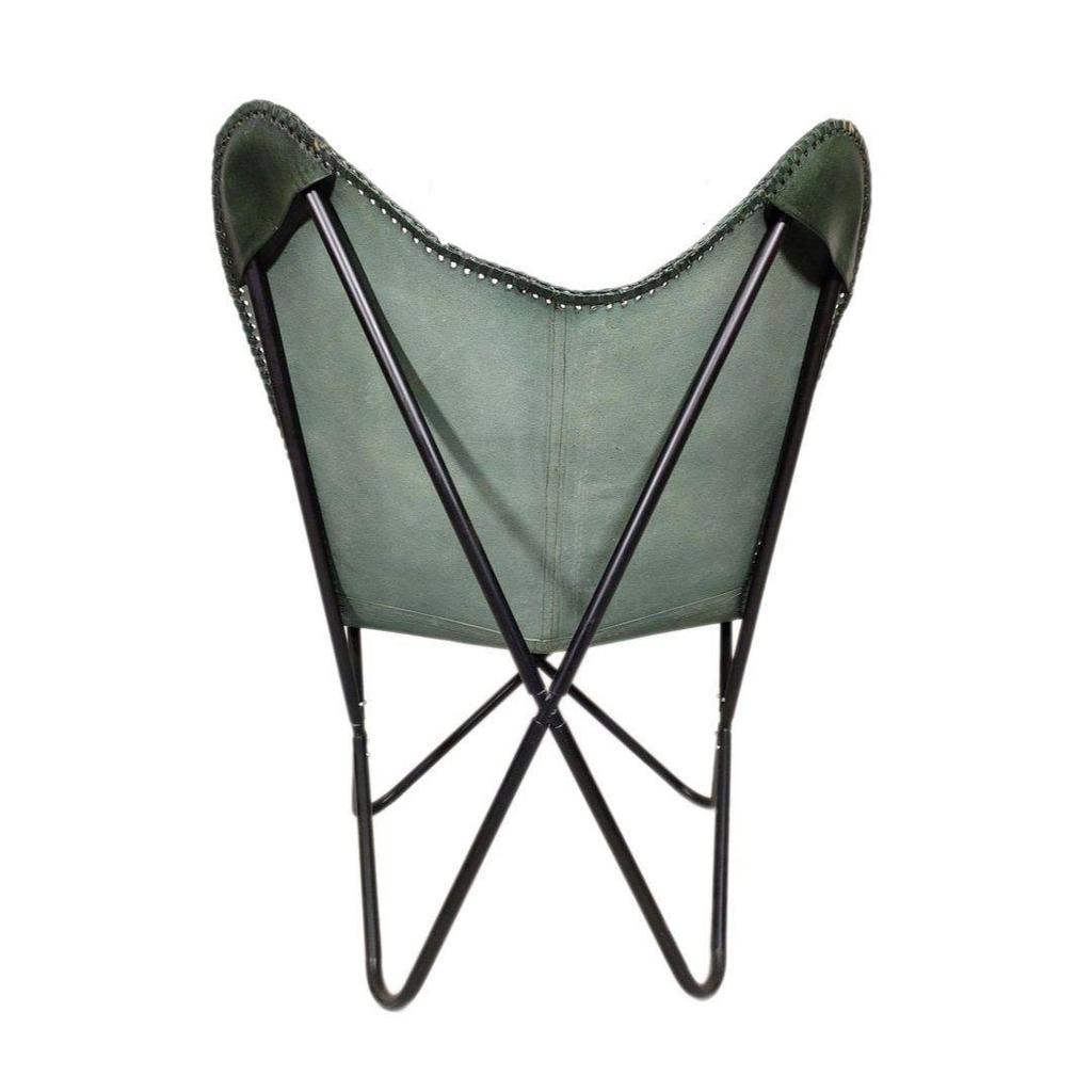 Green Leather Butterfly Chair with Black Stand - Genuine Buff Leather and Fully Comfortable Arm Rest Leather Chair