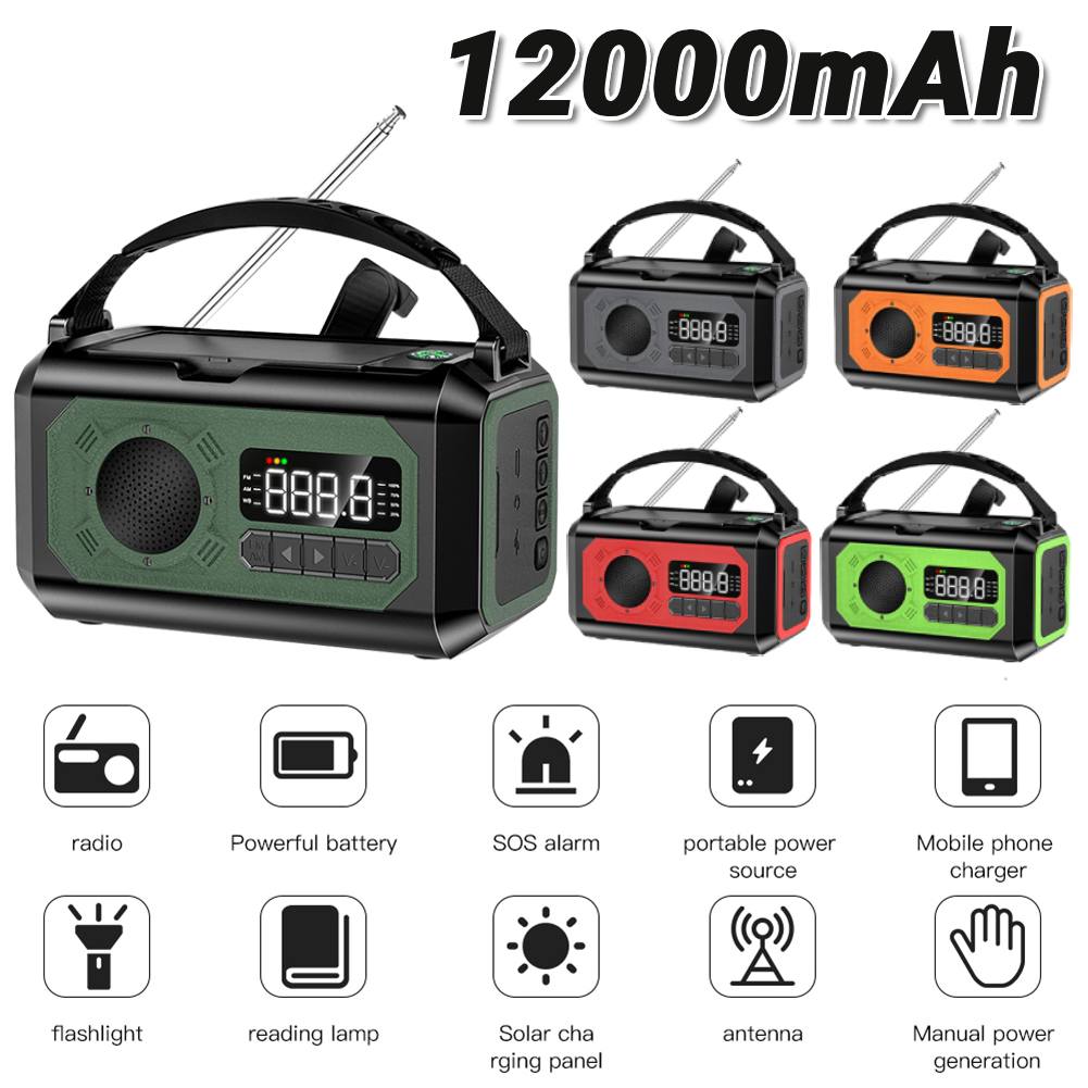 12000mAh Emergency Weather Radio Flashlight Solar Hand Crank Portable Emergency Radio Reading Lamp SOS Alarm for Outdoor Camping