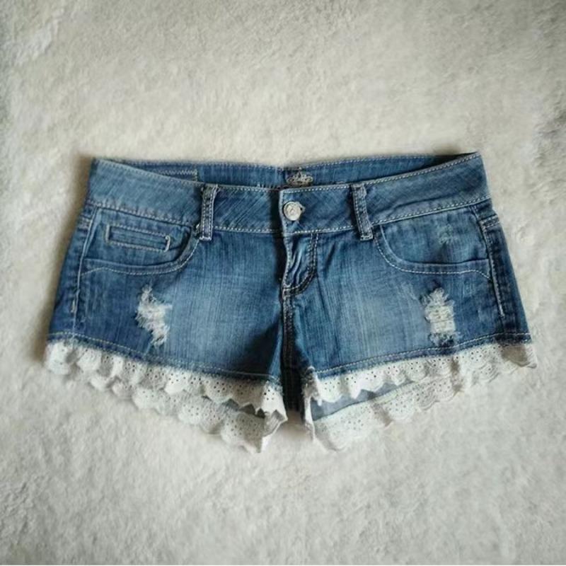 Women Slim Denim Shorts Stretch Lace Stitching Jeans Shorts Ladies Casual Regular Short
