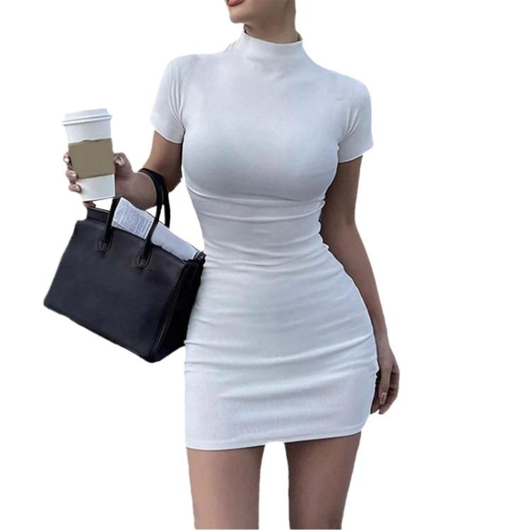 Slim Fit Short Dress High Collar Solid Color Short Sleeves Versatile Fashion Temperament
