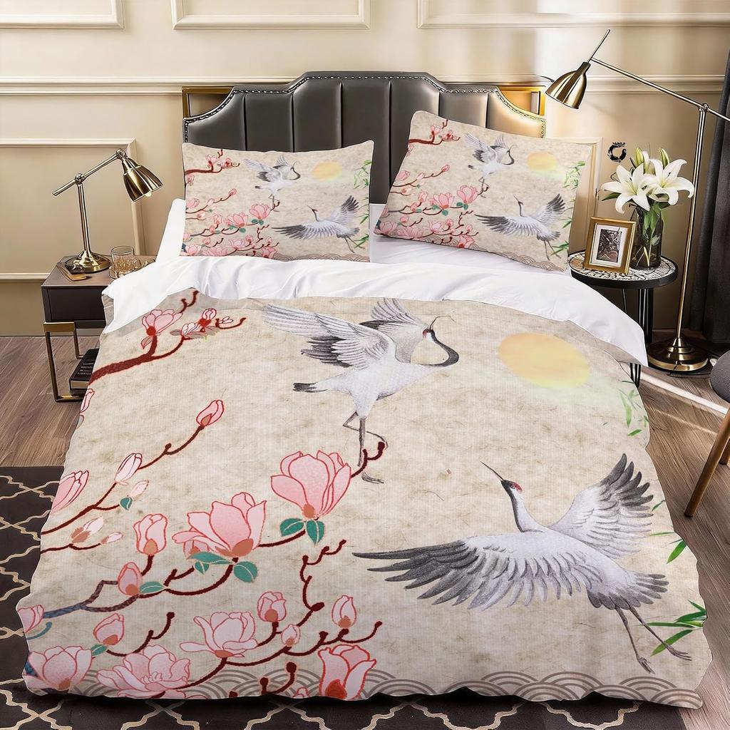 3D Crane Duvet Cover Vintage Chinoiserie Bedding Super King Bed Set, Soft Microfiber Comforter Cover Printed with Pillowcases