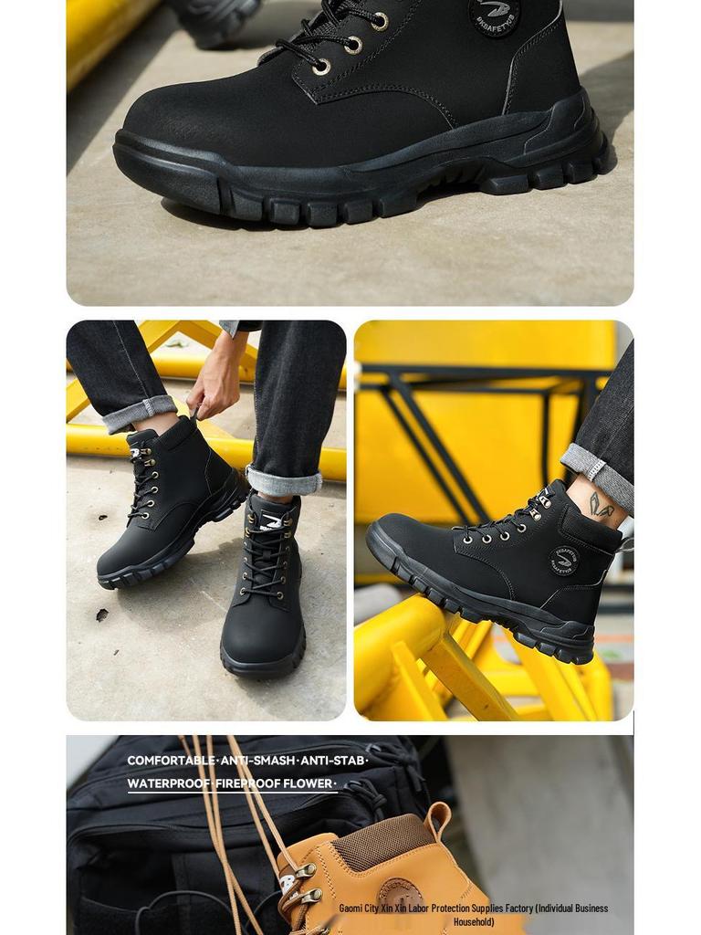 Four Seasons High-Top Steel Toe Safety Boots, Microfiber Leather, Anti-Slip, Anti-Smash, Anti-Puncture, Wear-Resistant, Comfortable Work Shoes.