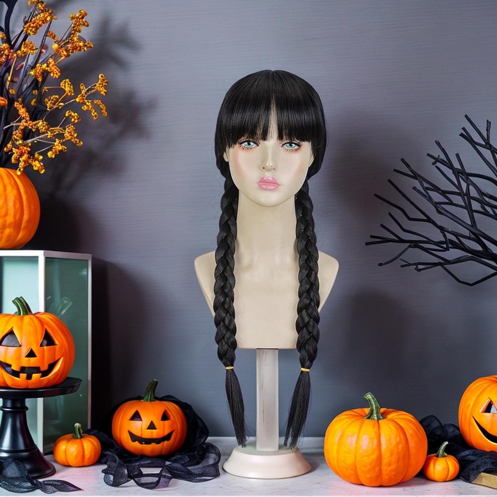NUOVA Parrucca Nera Intrecciata Sintetica Addams Treccia Nera a Coda di Cavallo Treccine Compatibile con Costume di Halloween Mercoledì Addams Parrucca