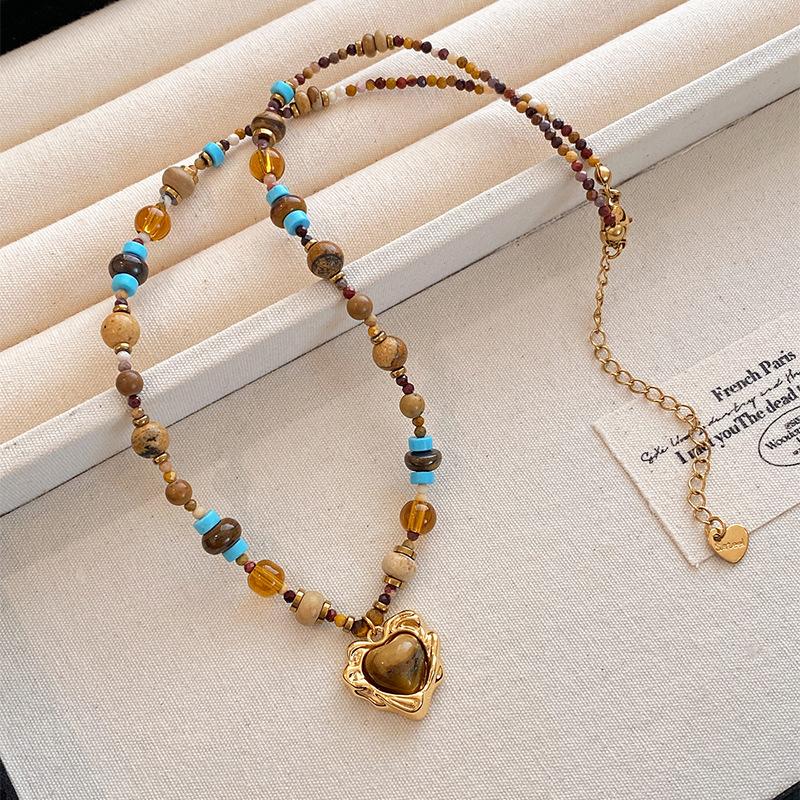 

18K Gold Stainless Steel Chokers Boho Mix Color Natural Stone Tiger Eyes Beads Irregular Heart Pendant Necklaces for Women
