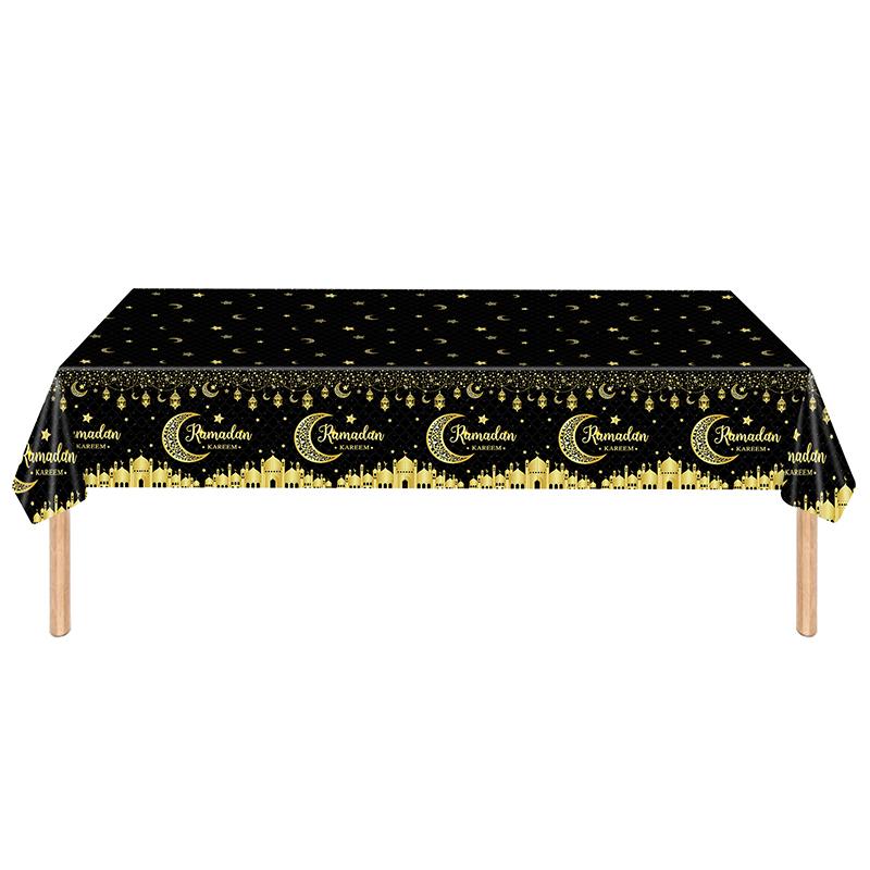 Ramadan Kareem Disposable Tablecloth Gold Moon Mosque Pattern Eid Mubarak Tablecloth Islamic Muslim Holiday Party Table Decor
