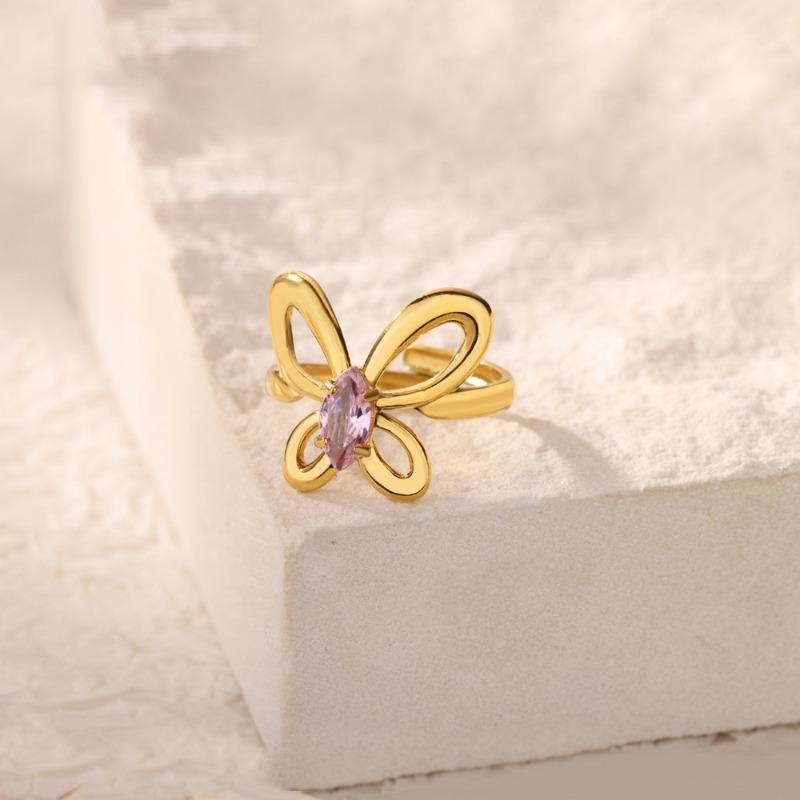 Light Luxury Zircon Ring Wind Retro Premium Sense Geometric K Gold Love Titanium Steel Butterfly Ring
