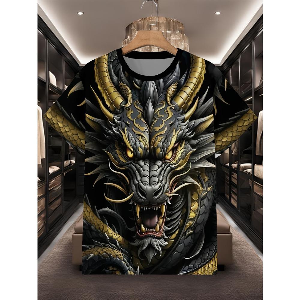 Men's 3D Dragon Print T-shirt, Casual Short Sleeved Pullover, Round Neck, Summer Outdoor Clothing, Regular Style